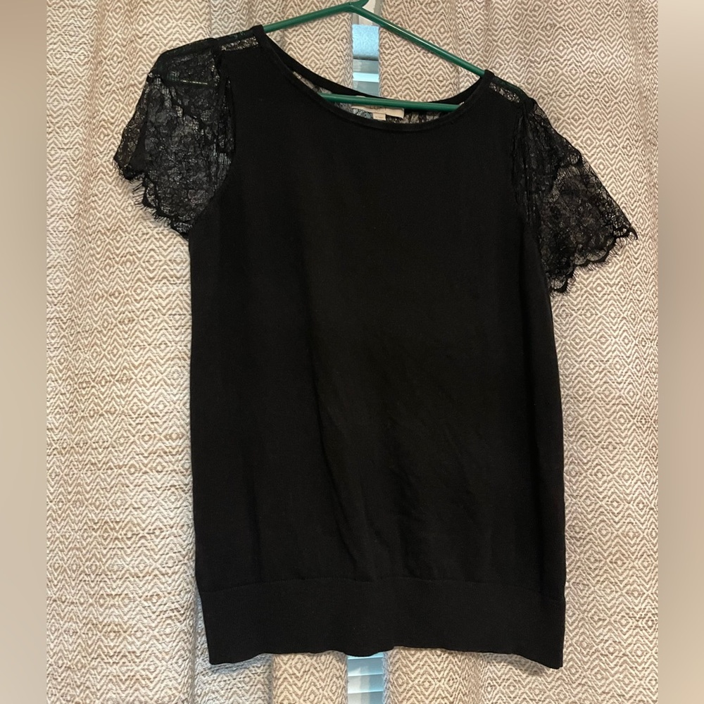LOFT Black Lace Short Sleeve Sweater